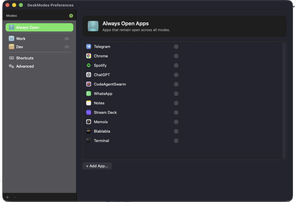 DeskModes Preferences — Always Open apps