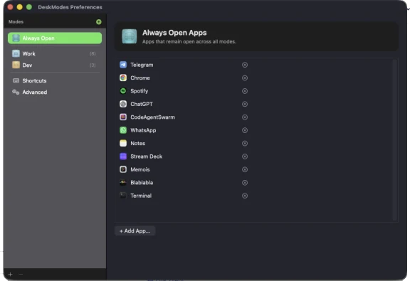 DeskModes Preferences, Always Open apps